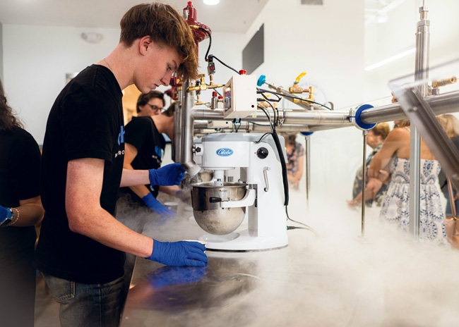 Chill-N starts with a base (usually cream) and mix-ins like fruit or candy, then instantly freezes them into ice cream using -320 degrees F liquid nitrogen.