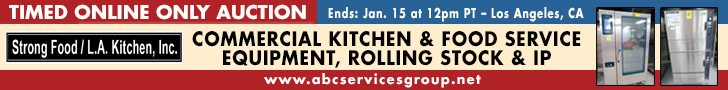 Timed Online Only Auction. Ends: January 15 at 12PM Pacific Time. Los Angeles california. Commercial Kitchen and Food Service Equipment, Rolling Stock and I.P. Strong Food/L.A. Kitchen, Inc.
