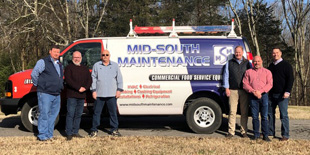 From left: Mid-South Maintenance's Gary Garrett, general manager; Dave Massingill, sales manager; and Andy Winslow, operations manager, with Smart Care Equipment Solutions' Bill Emory, CEO; and Winston Templet, founder of Mid-South Maintenance; and with Brandan Helzer, VP of business development for Smart Care Equipment Solutions.