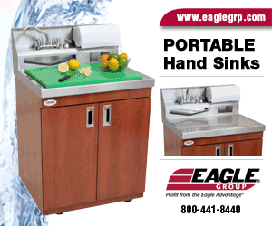 EAGLE GROUP Portable Hand Sinks with laminated cabinet. Lexan Plate, Single Bowl, 3-Bowl. Options: Extra fresh or soiled tank, Perimeter bumper, Electronic eye faucet, custom etching in water plate.