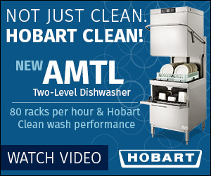Not just Clean. HOBART CLEAN! New AMTL Two-level dishwasher. 80 racks per hour and Hobart clean wash performance. Watch Video.