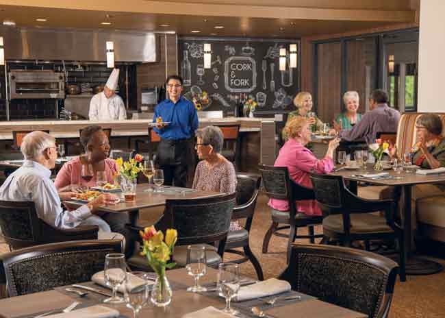 Cork and Fork, a full-service restaurant at Greenspring, an Erickson Senior Living community in Virginia, features regularly changing, globally inspired themes and menus, with chefs working in an open kitchen.