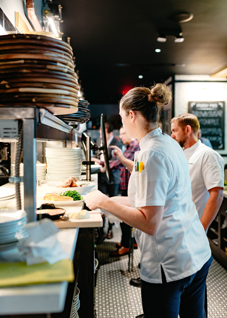 The expo station at The Pearl includes an abundance of storage for plates, trays and other tableware and accessories. 