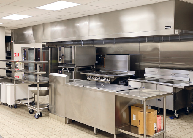 The banquet finish cooking takes place using combi ovens, an eight-burner range and upright refrigerators.
