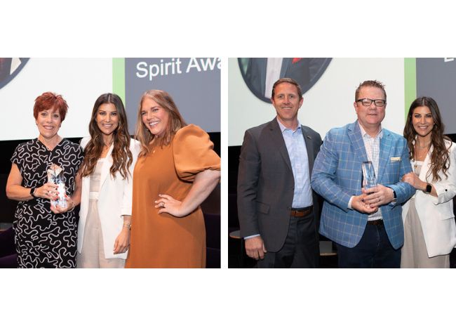 From left to right: Amy Lewis of Kitchens To Go accepts the SHFM Spirit Award and Davin Wickstrom of Viverau Advanced Water Systems accepts the SHFM Leadership Award