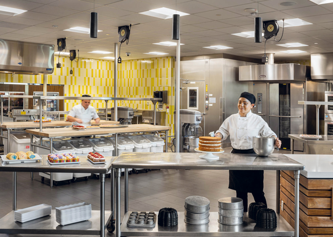  The back-of-the-house space at  Glasgow Dining Commons at the University of California, Riverside, enables staff to deliver a residential dining program that includes a wide variety of freshly prepared foods and menu customization.