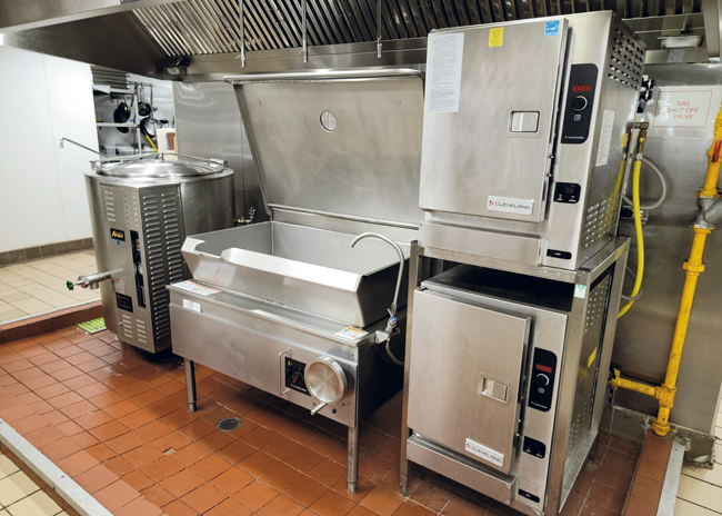 A kettle, tilt skillet and convection steamers allow culinary staff to efficiently prepare menu items for the restaurants.  Photos by Ignazio Podda