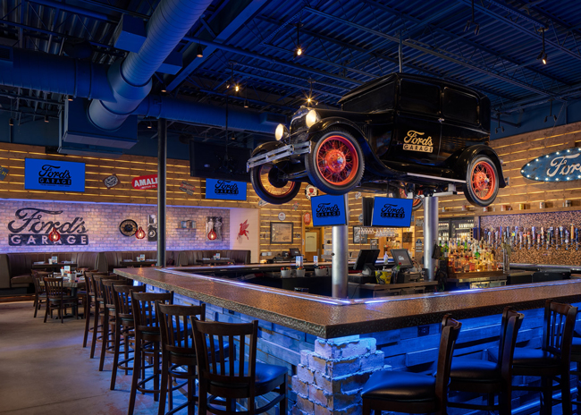 Each Ford’s Garage location honors the Ford Motor Company branding in its decor. Image courtesy of Ford’s Garage