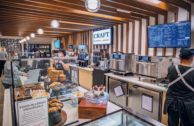 Craft Beverage & Bakery features coffee, tea, breads, pastries and smoothies. Rapid speed ovens heat baked goods.