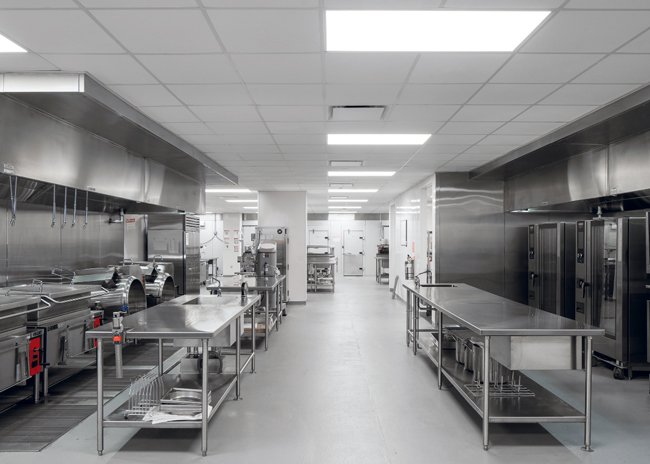 Noncommercial foodservice kitchens, like this one at the newly redesigned Citi Tampa headquarters, may be much larger than restaurant kitchens. And because foodservice is usually subsidized, they can incorporate specialized equipment for batch cooking. Photos courtesy of Cini-Little