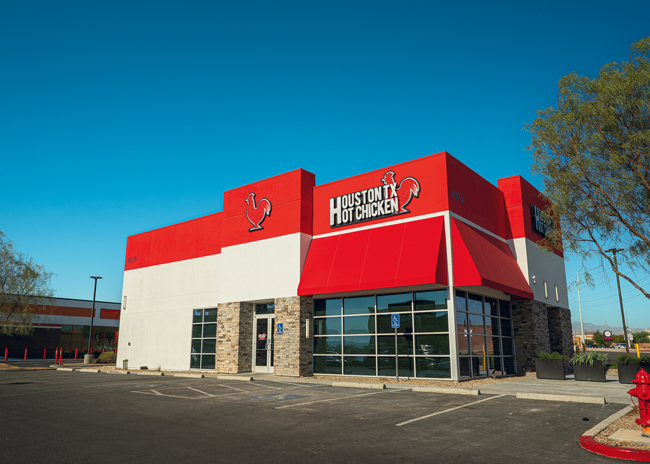 Houston TX Hot Chicken prefers freestanding and endcap spaces. A drive-thru lane sits on the other side of this location.