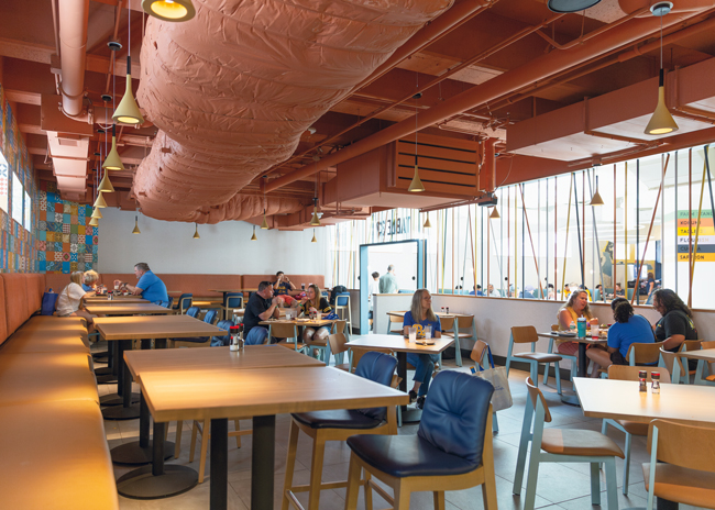 An industrial design contributes to the fun seating environment.