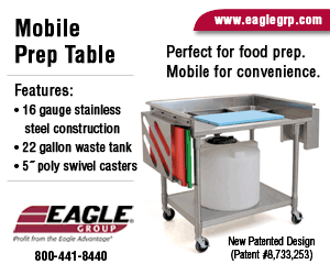 EAGLE GROUP Mobile Prep Table. Perfect for food prep. Mobile for convenience. Features Three-bay poly cutting board holder at left end, 7-slot knife rack attached at right end.