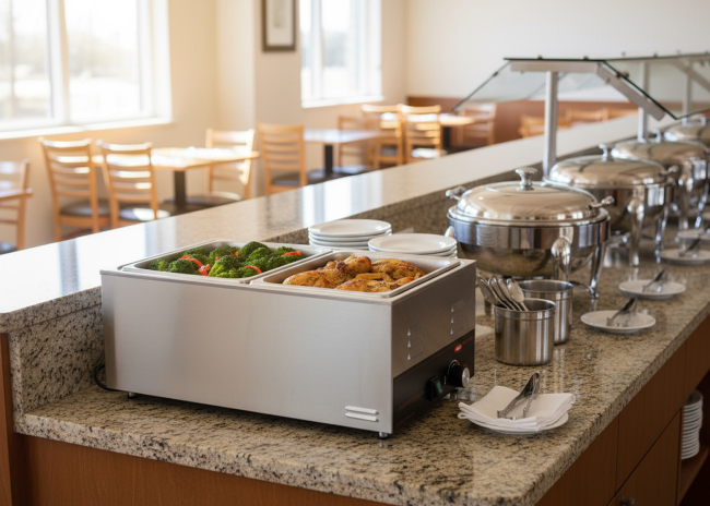 Countertop food warmers keeps freshly prepared dishes ready for consumption in self-service dining areas.