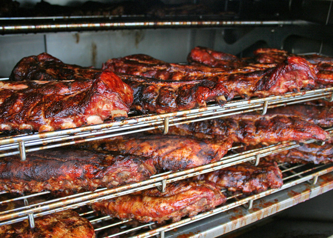 Smoked baby back ribs in the SP-700 mobile gas rotisserie smoker
