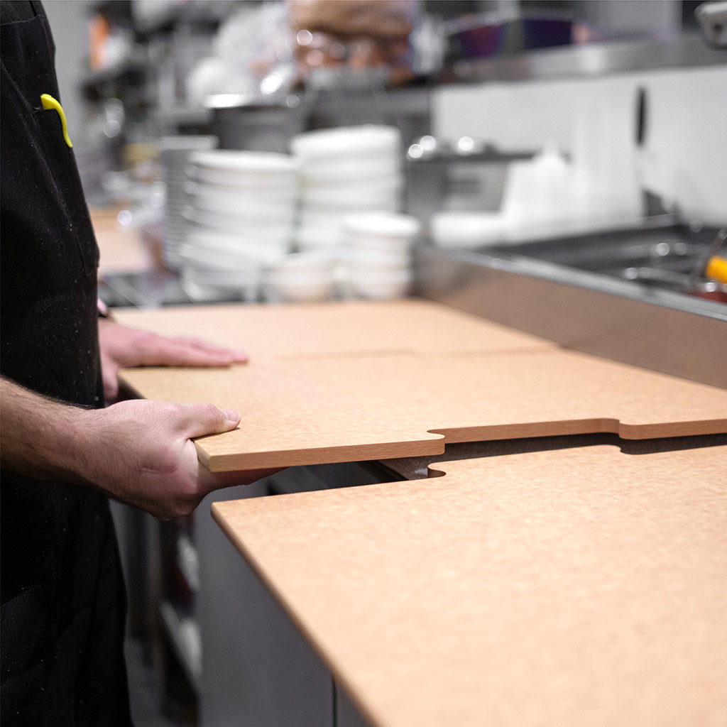 Epicurean PuzzleBoard® systems can be custom-made for new prep areas, or they can replace existing, worn-out, one-piece high density polyethylene boards.